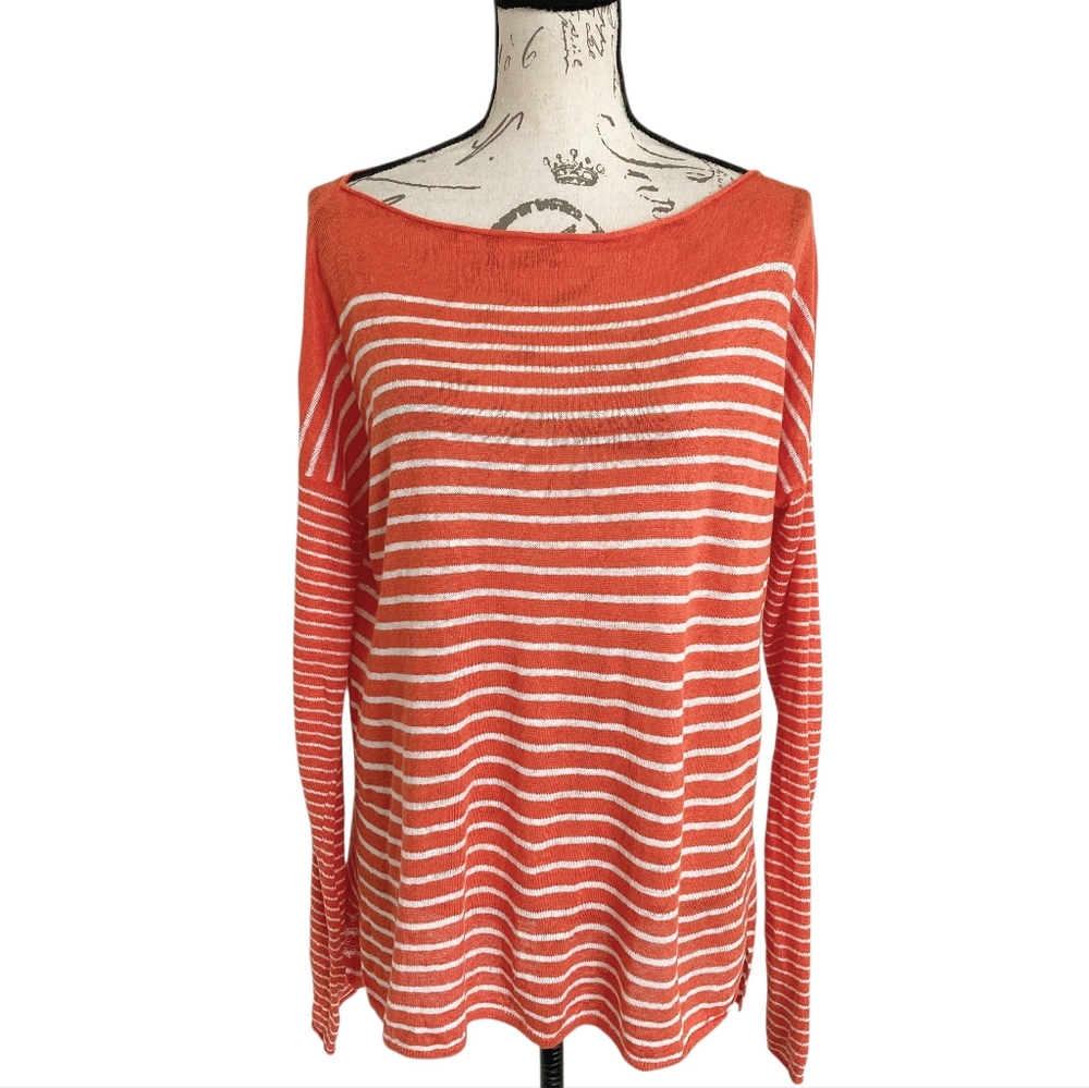 Vince 100% Linen Orange White Breton Striped Boat Neck Sweater S Nautical